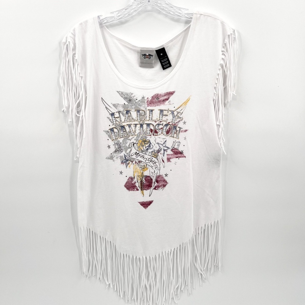 HARLEY DAVIDSON Women's Size M White Sleeveless Fringe Rhinestone Top Shirt Tank